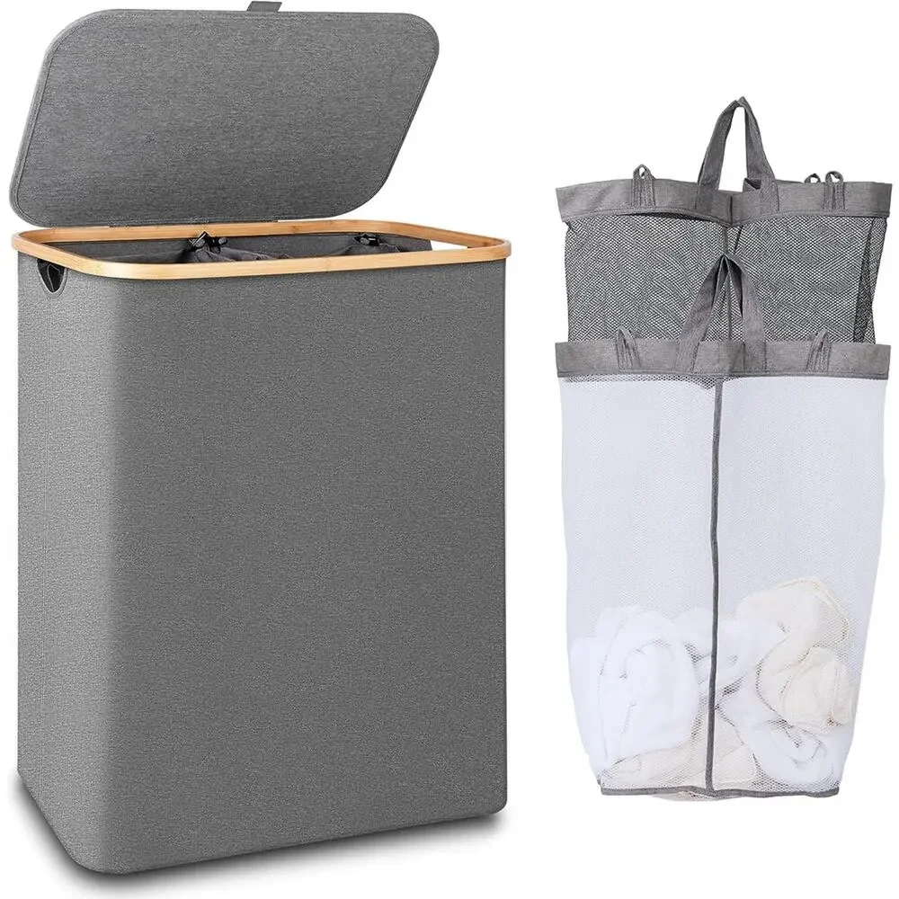 iEGrow 150L Laundry Hamper with Lid, 2 Removable Inner Bags, Bamboo Handles